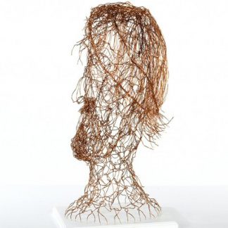 side on view of copper wire head, emphasis is on highlighting hair, beard and mustache, head is flexible and touch friendly