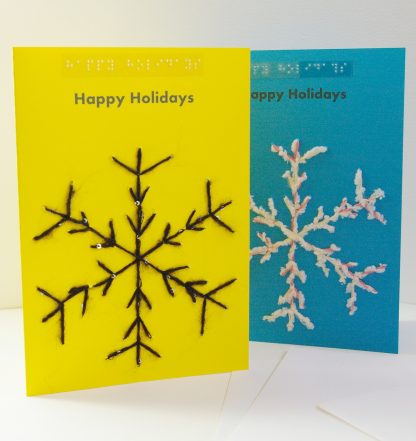 portrait style yellow and blue snowflake happy holiday cards