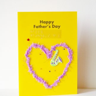 fluffy lilac heart happy father's day card with musical instrument sticker and tiny red hearts