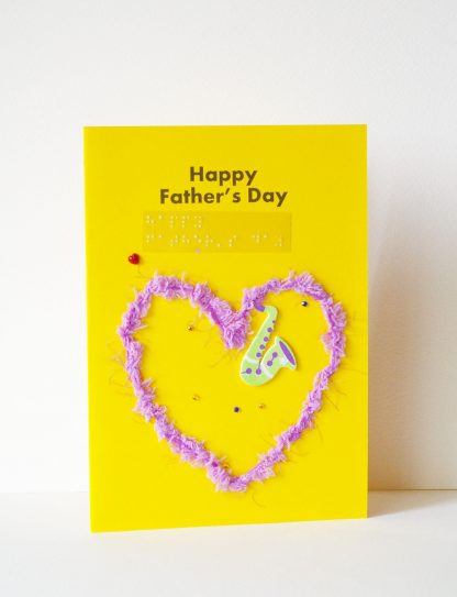 fluffy lilac heart happy father's day card with musical instrument sticker and tiny red hearts