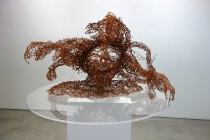 Copper wire artwork head and shoulder attached to perspex base placed on a white plinth in gallery space